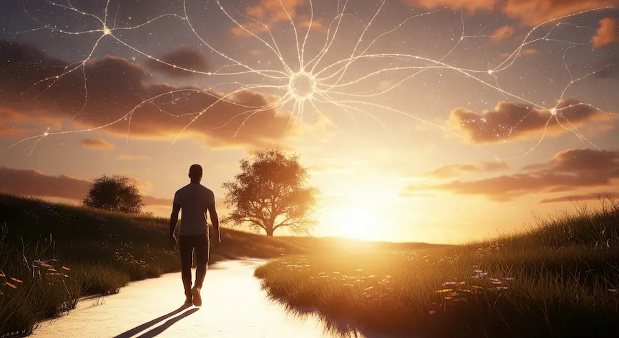 pessoa caminhando em direção a um caminho iluminado com conexões neurais no céu simbolizando reprogramação emocional