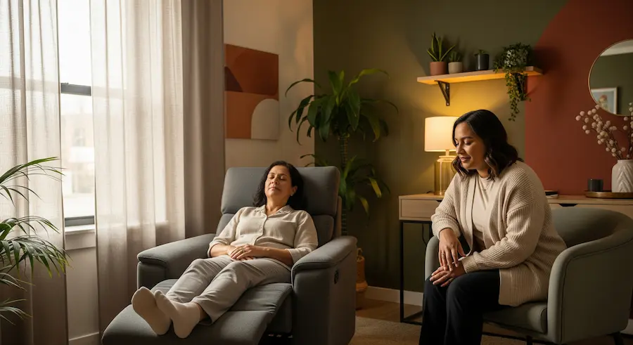 cliente em poltrona reclinável durante sessão de hipnoterapia neurossistêmica com terapeuta ao lado em consultório acolhedor