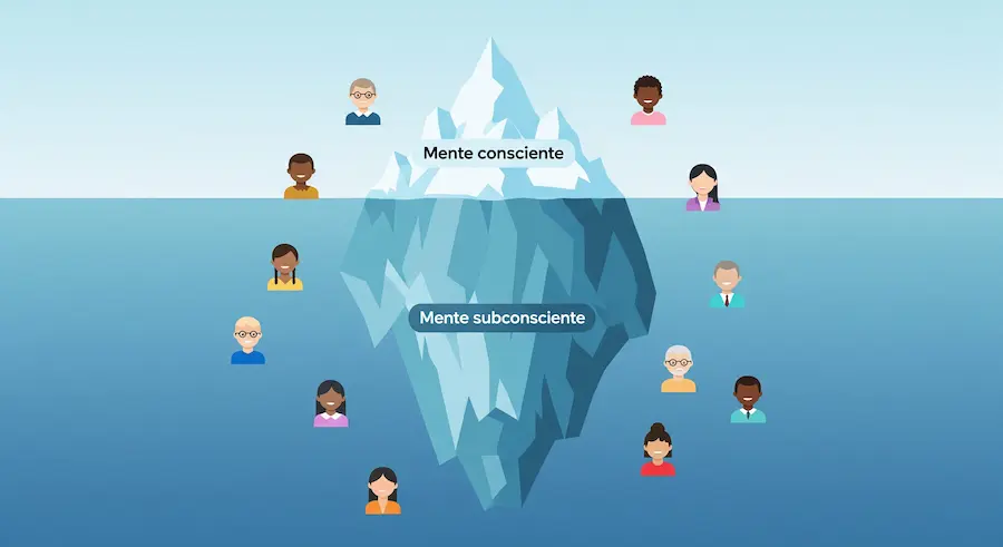 ilustração tipo iceberg mostrando mente consciente e subconsciente para explicar hipnose