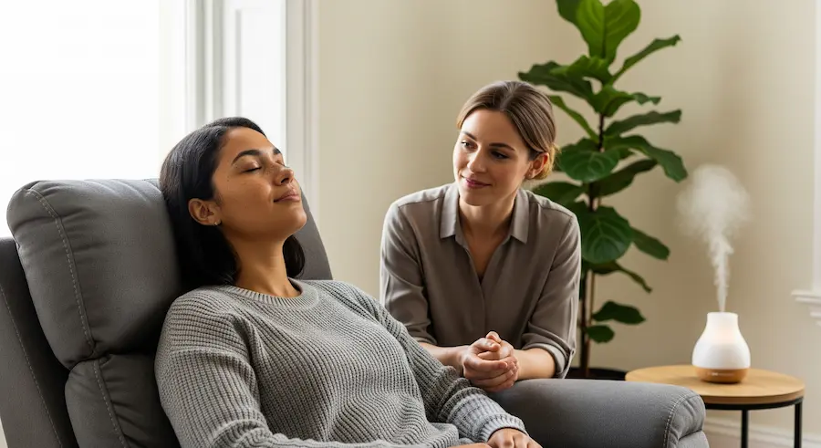 cliente de olhos fechados relaxando em poltrona enquanto terapeuta conduz hipnose
