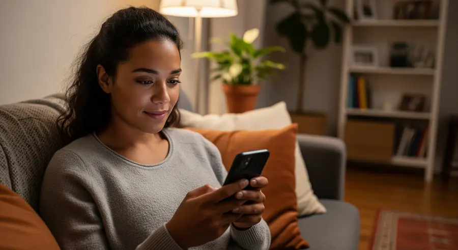 pessoa de diferentes raças e idades representada por mulher adulta segurando celular em casa prestes a enviar mensagem para iniciar hipnoterapia pelo WhatsApp