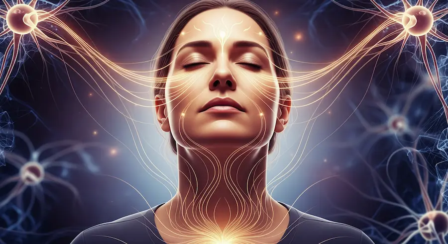 pessoa de olhos fechados com linhas de luz ligando cabeça e região do peito representando integração entre mente e emoções
