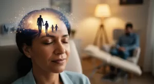 thumbnail de hipnoterapia neurossistêmica com pessoa de olhos fechados e efeito de silhuetas de família e conexões neurais sobrepostas