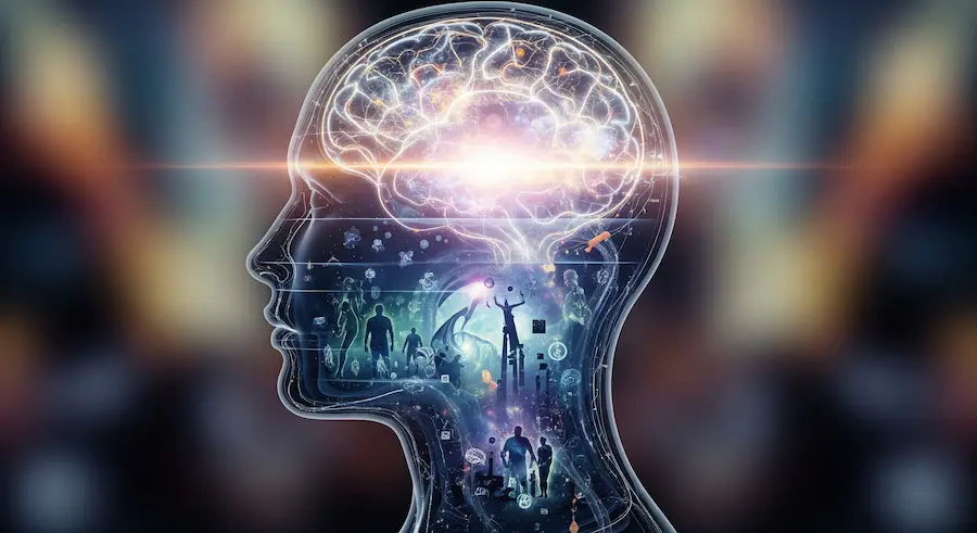 Ilustração realista da mente com camadas consciente e subconsciente
