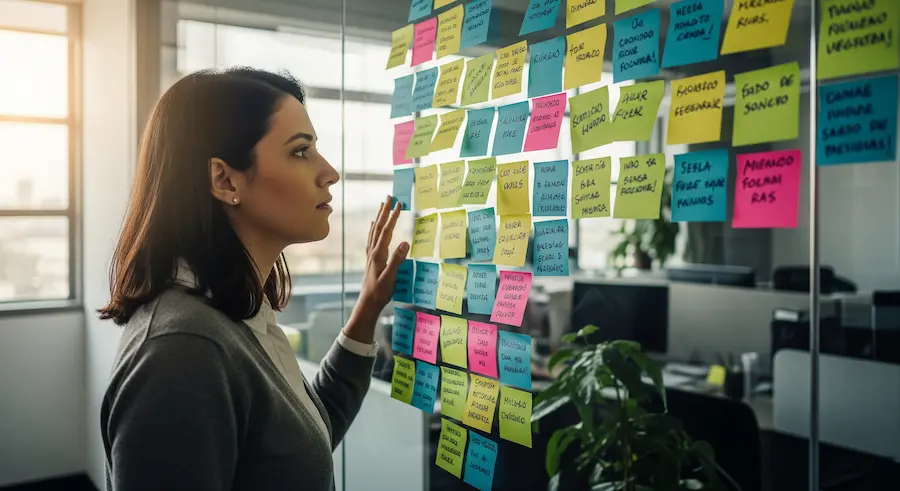Pessoa olhando para um vidro com post-its coloridos representando pensamentos e decisões da mente consciente