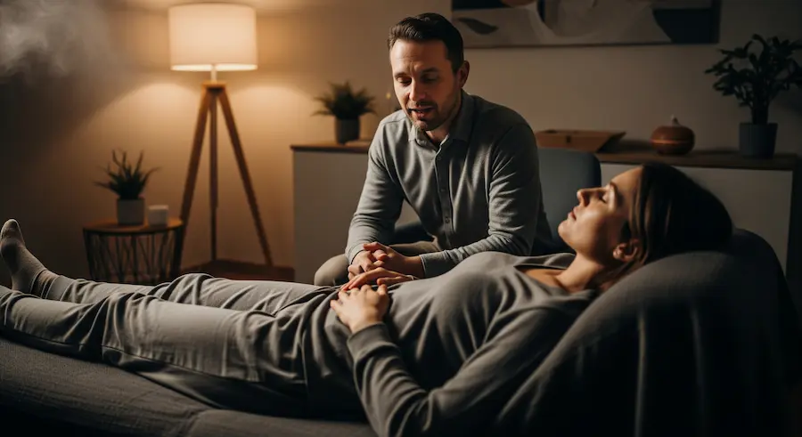 Sessão de hipnose com cliente reclinado relaxando durante indução hipnótica