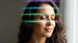 Mulher de olhos fechados com faixas de luz colorida em volta da cabeça representando o modelo da mente