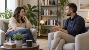 Mulher adulta conversando com hipnoterapeuta em consultório antes de uma sessão de hipnose