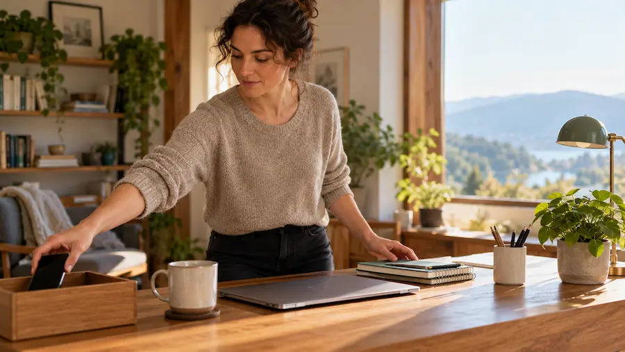 Pessoa organizando a mesa e afastando distrações antes de iniciar uma atividade