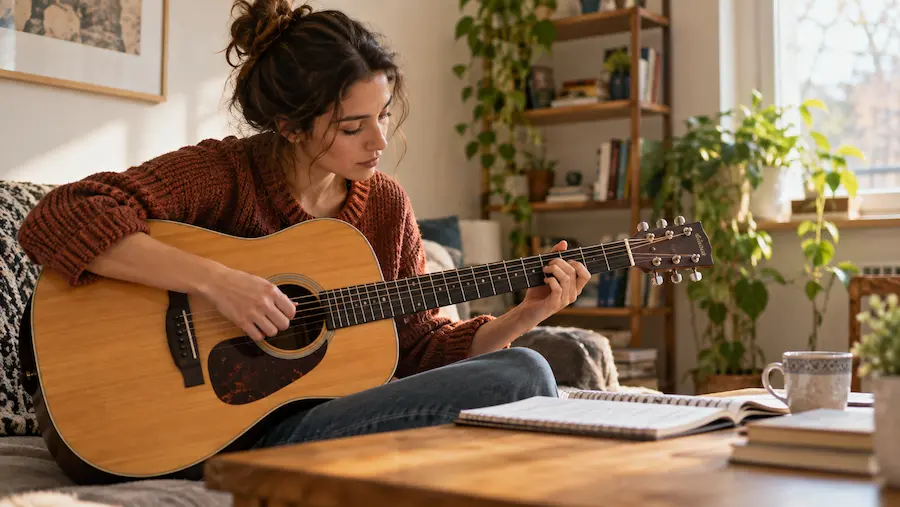 Mulher praticando violão com atenção em casa enquanto aprende uma nova habilidade