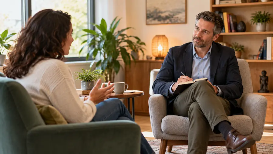 Terapeuta conversando com cliente adulto em consultório durante atendimento individual