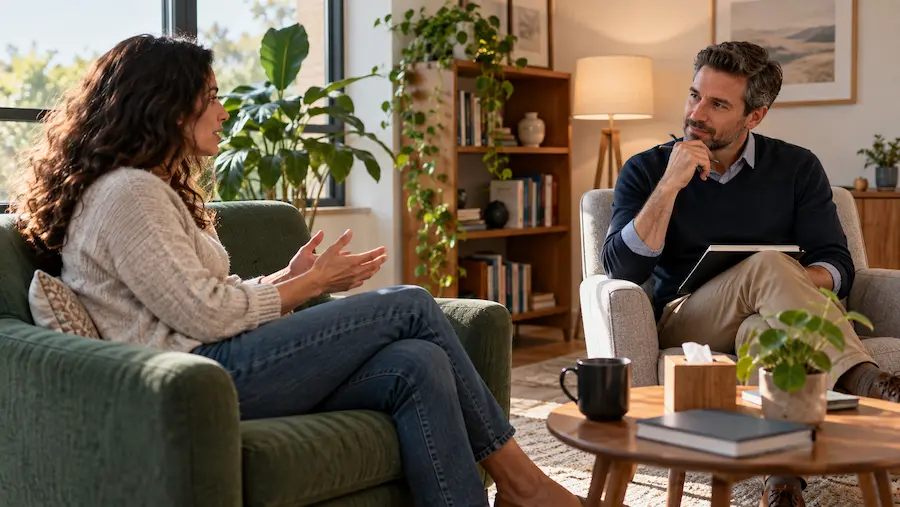 Cliente conversando com terapeuta em consultório durante atendimento individual