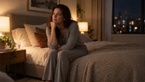 Pessoa adulta sentada na cama em ambiente tranquilo antes de dormir
