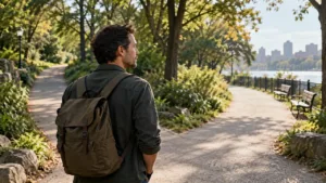 Pessoa adulta refletindo diante de diferentes caminhos possíveis em ambiente cotidiano